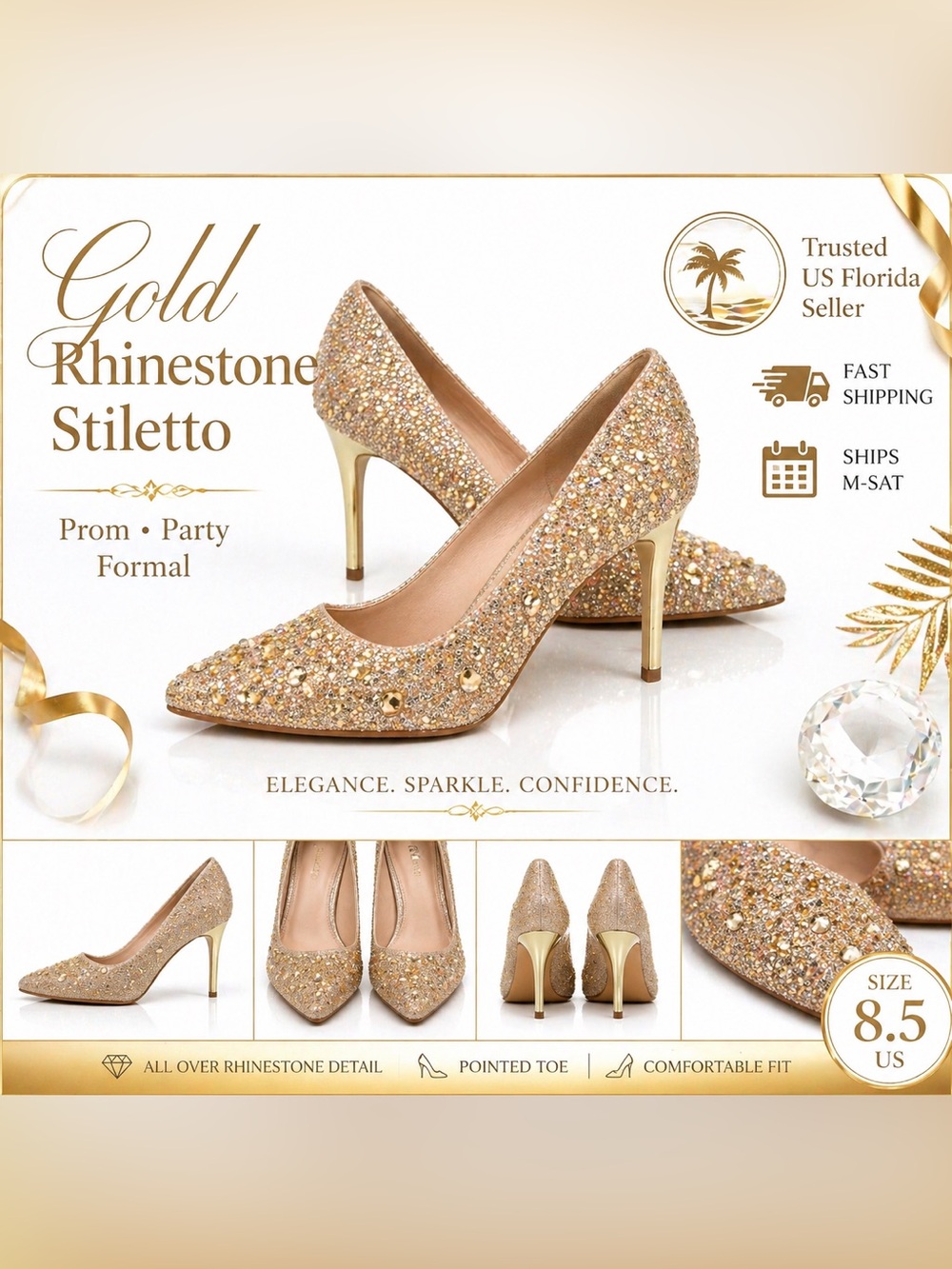 Gold Rhinestone Stiletto Heels Women Size 8.5 Formal Prom Party Pumps